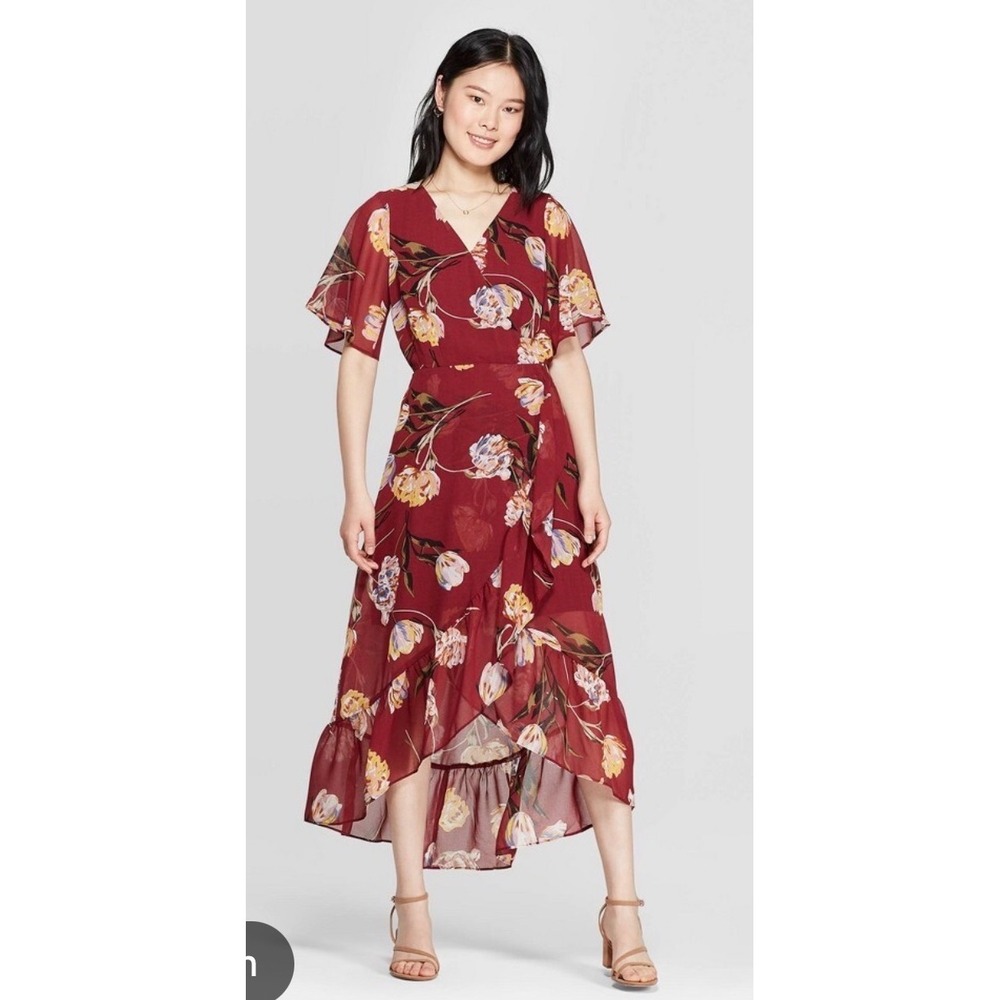 A New Day Burgundy Floral Flutter Sleeve High Low Wrap Midi Dress Medium